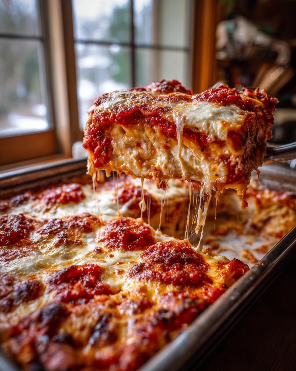 A gooey, cheesy slice of lazy lasagna is lifted from the pan, showing long cheese pulls.