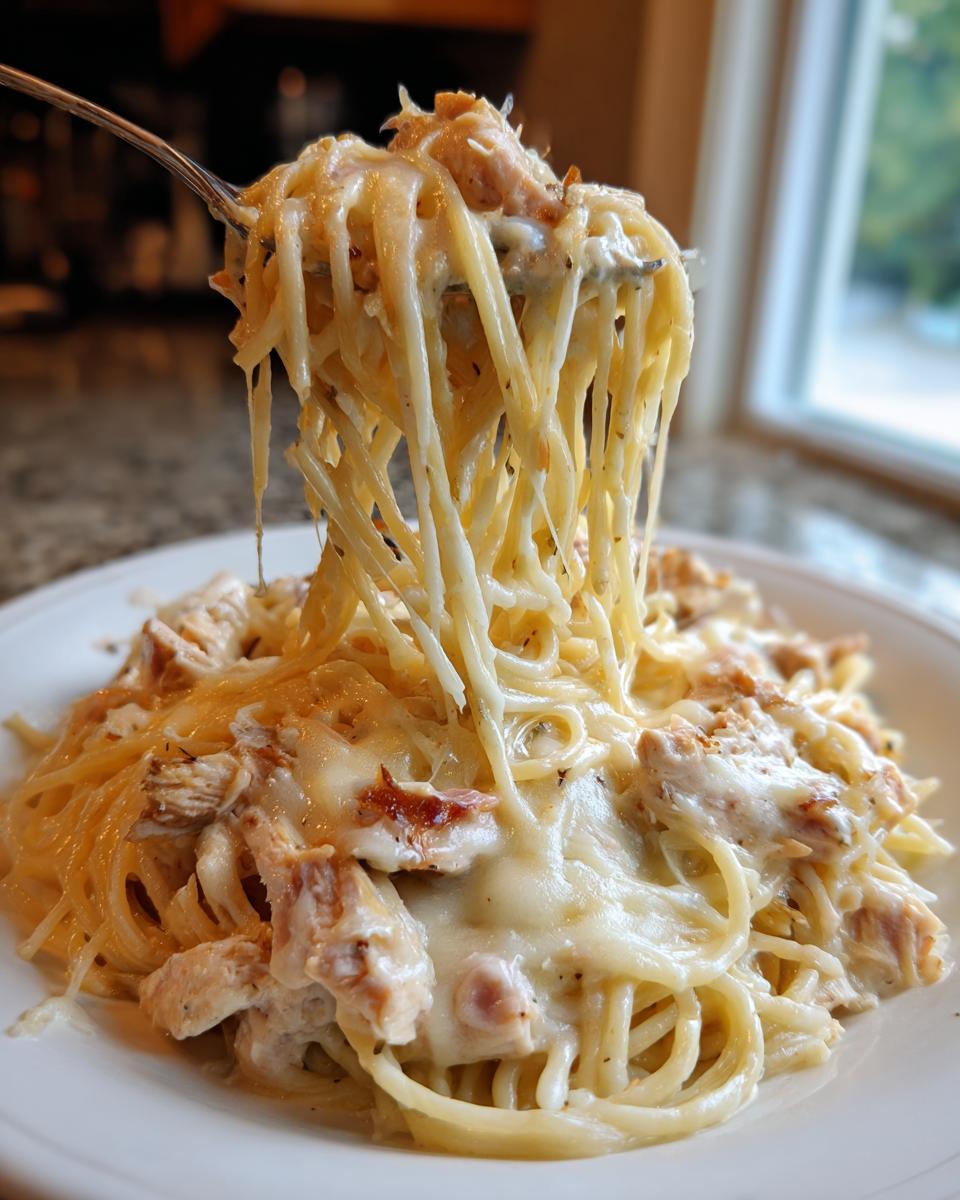 A fork lifting long strands of cheesy Monterey chicken spaghetti, showing melted cheese pull over chunks of chicken.