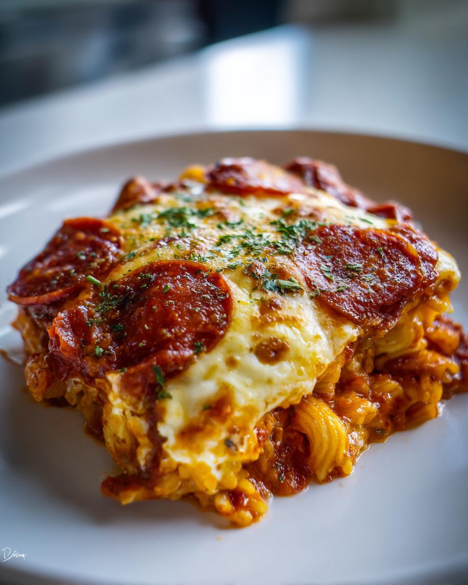 A close-up of a serving of baked pizza pasta topped with melted cheese, pepperoni slices, and parsley.