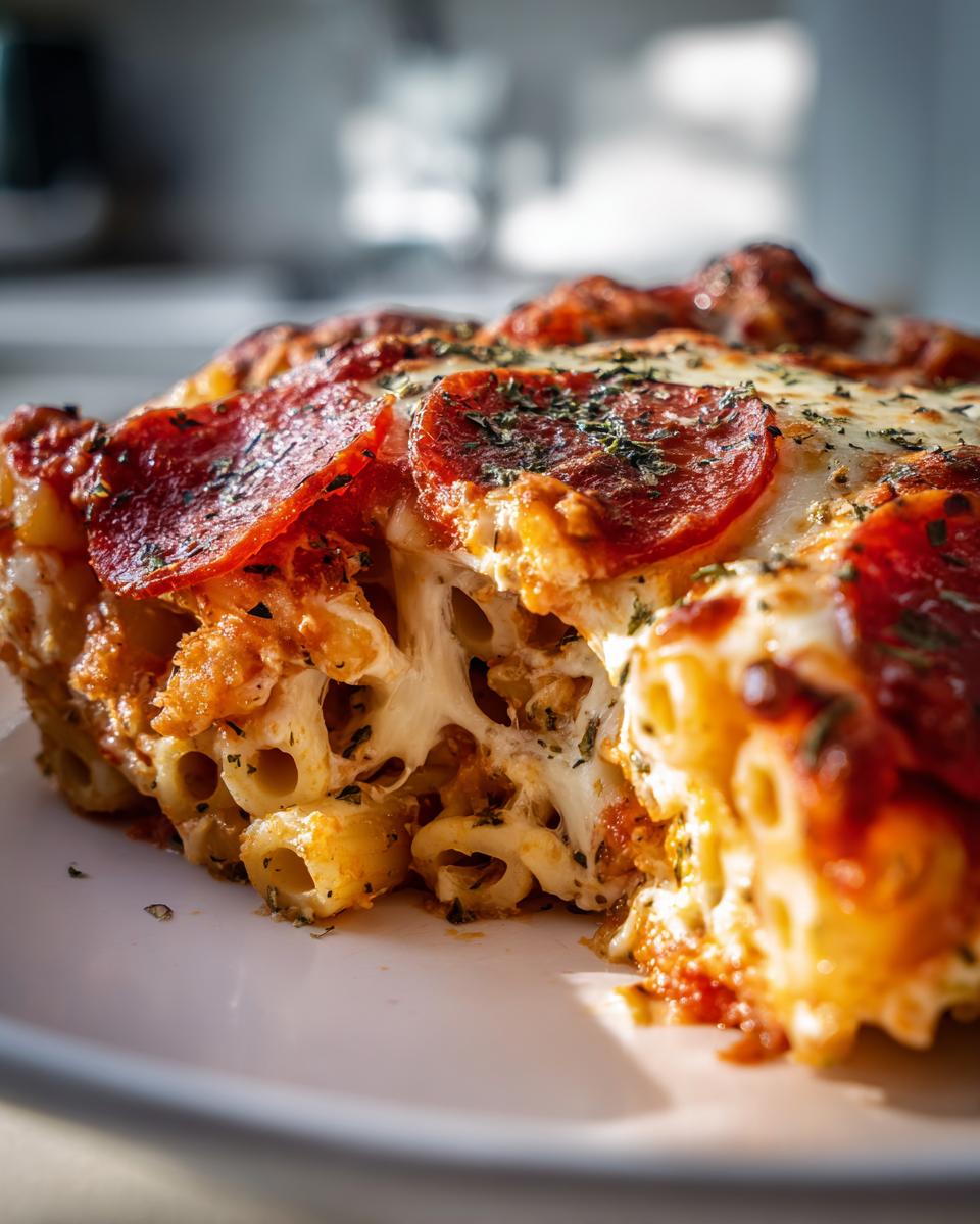 Close-up of a cheesy slice of 1-Pot pizza pasta showing melted mozzarella, pepperoni, and ziti noodles.