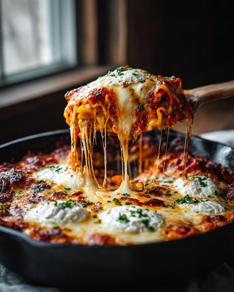 A wooden spoon lifts a cheesy portion of skillet lasagna out of a cast iron pan, showing long cheese pulls.