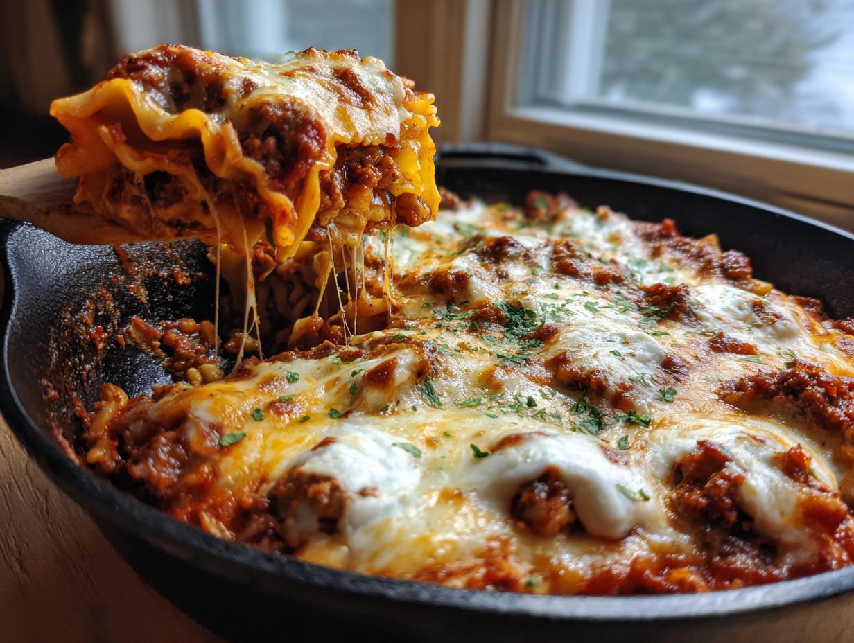 A wooden spoon lifts a cheesy, saucy portion of skillet lasagna out of a black cast iron pan.