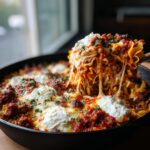 A spoonful of cheesy, saucy skillet lasagna being lifted from the pan, showing long cheese pulls.