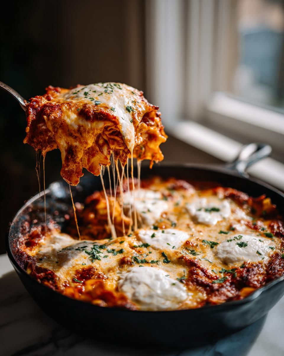 A spoonful of cheesy, saucy skillet lasagna being lifted from a cast iron pan, showing long cheese pulls.