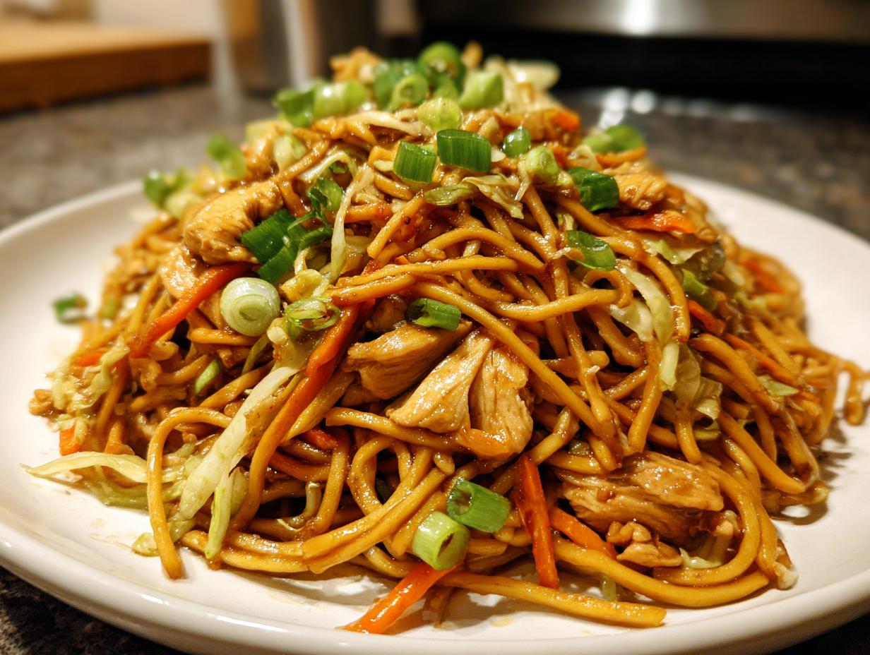 A close-up of a heaping plate of homemade chicken chow mein recipe, topped with fresh green onions.