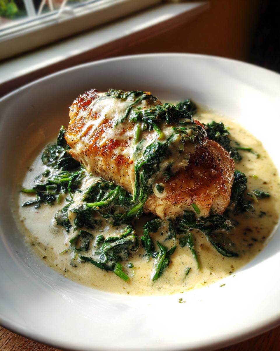 A perfectly seared piece of chicken breast served over wilted spinach in a rich cream sauce, classic chicken florentine.