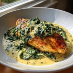 Close-up of a seared chicken breast topped with creamy spinach sauce, classic chicken florentine.