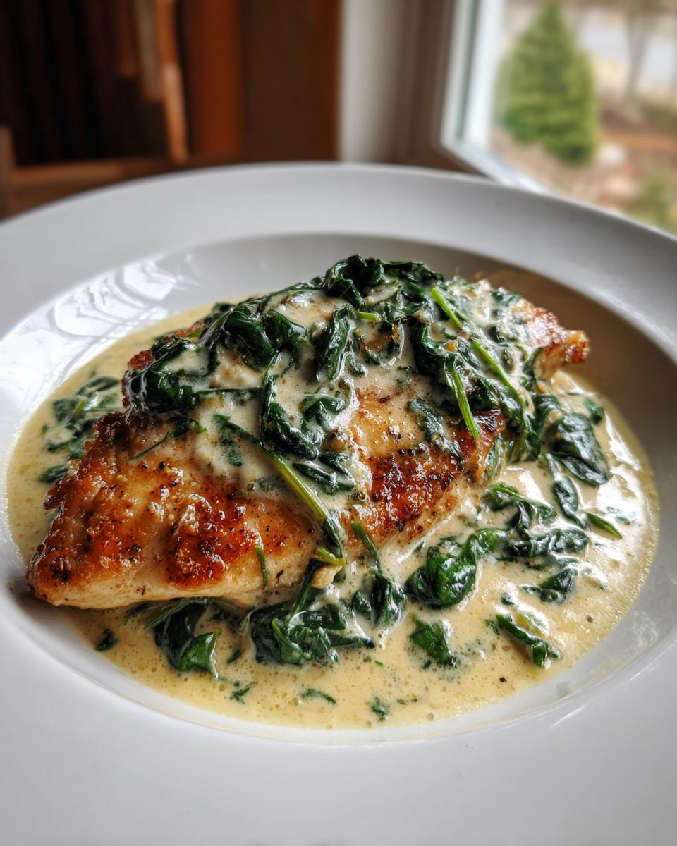 A perfectly seared chicken breast topped with creamy spinach, served in a white bowl, ready for chicken florentine.