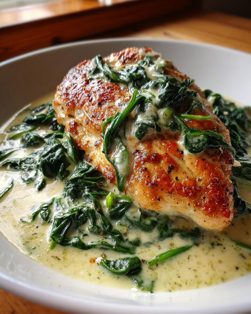 Close-up of a golden-brown chicken breast served with spinach in a creamy sauce, highlighting the Chicken Florentine dish.