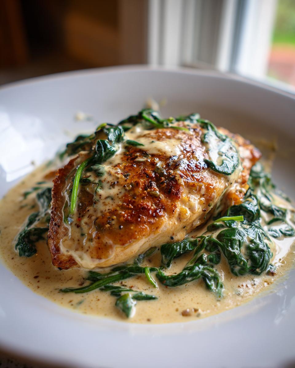 A close-up of seared chicken breast covered in creamy sauce and wilted spinach, the main feature of chicken florentine.