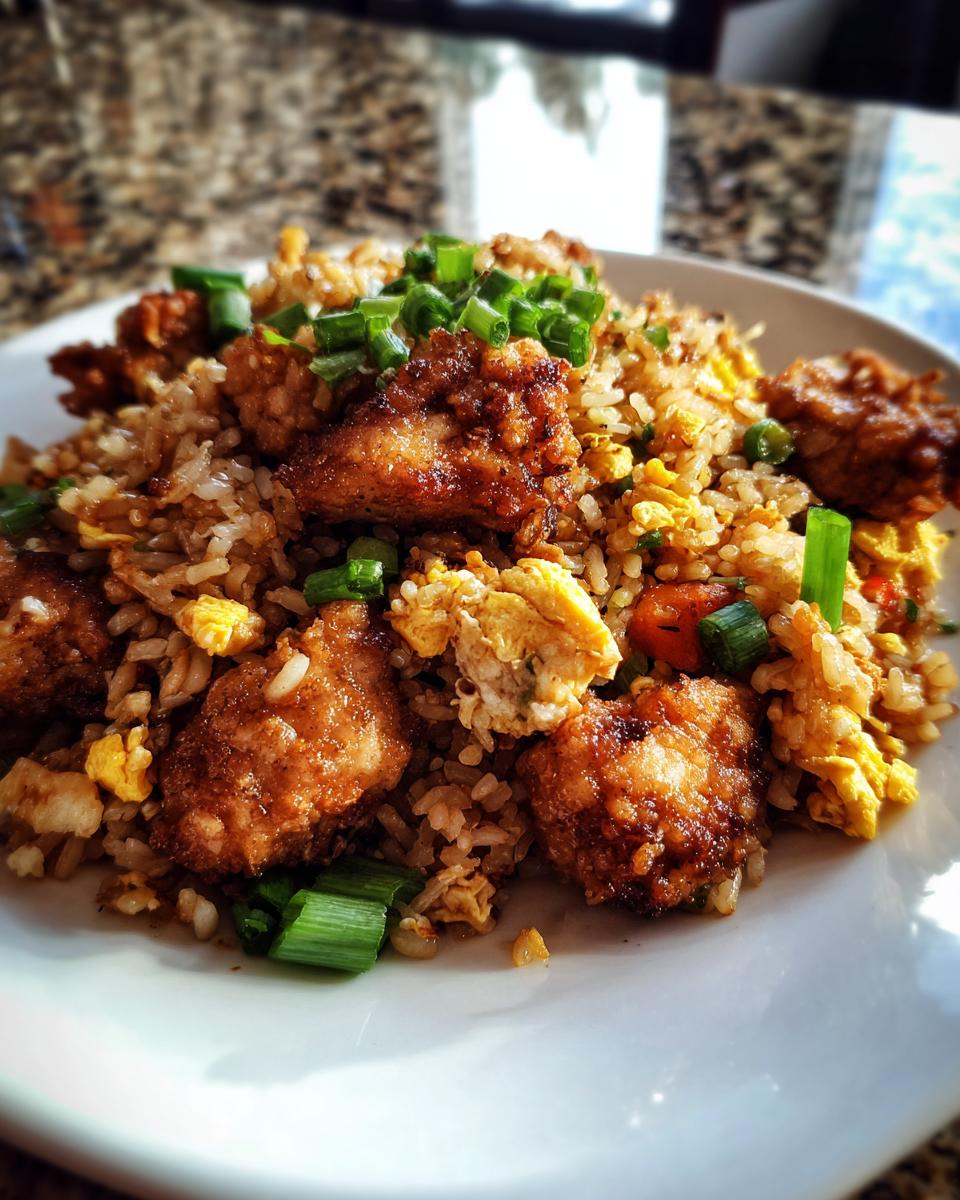 A close-up of savory chicken fried rice mixed with scrambled egg and topped with crispy chicken pieces and green onions.
