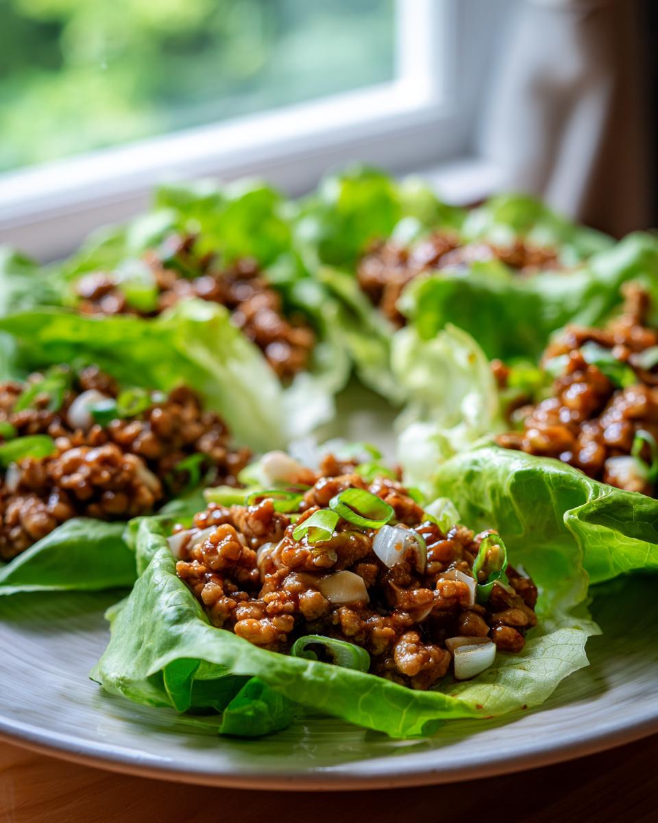 Close-up of several fresh chicken lettuce wraps filled with savory brown mince and topped with green onions.