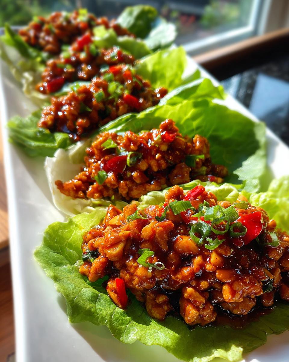 Four servings of saucy chicken lettuce wraps garnished with green onions and red peppers, ready to eat.