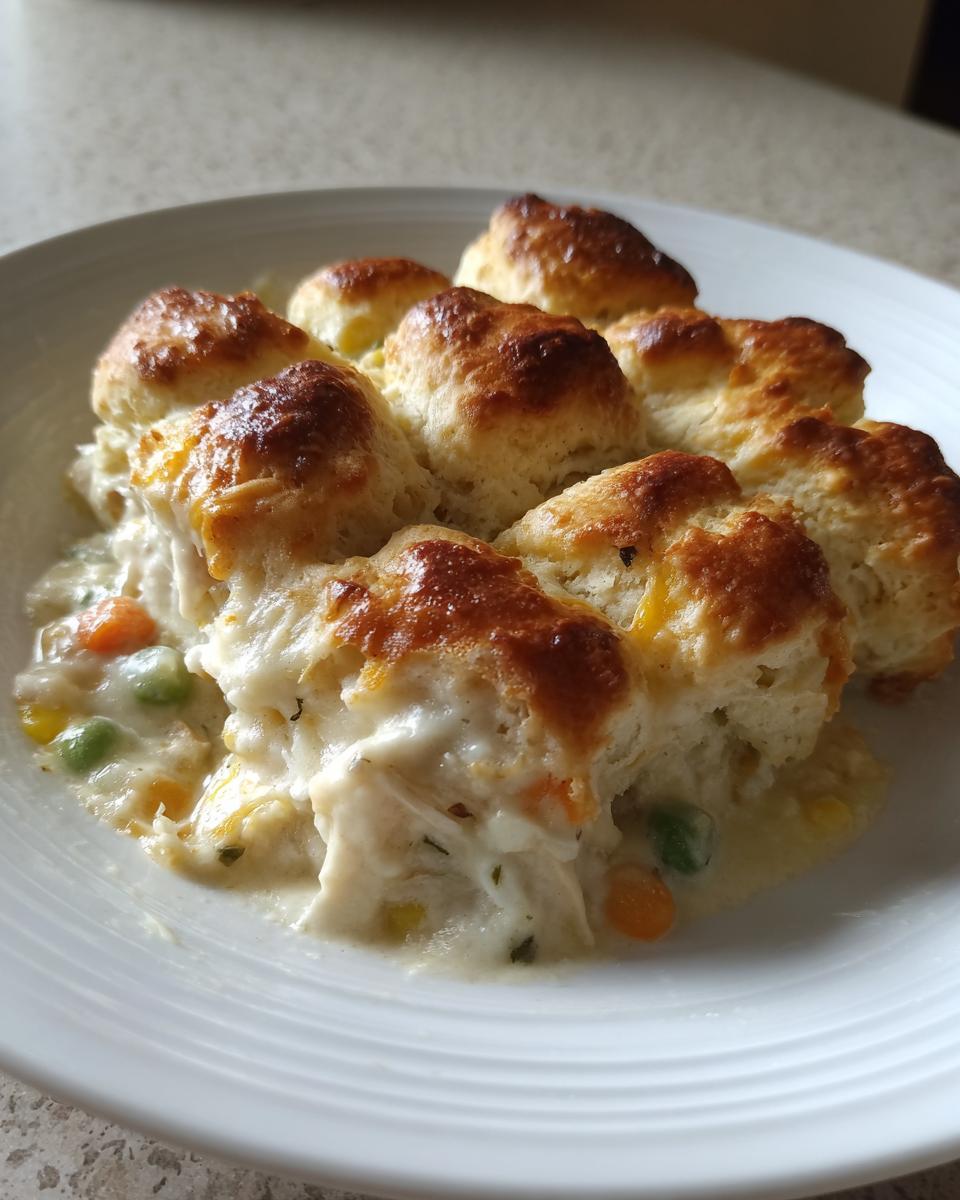A serving of creamy chicken pot casserole topped with golden brown biscuits on a white plate.