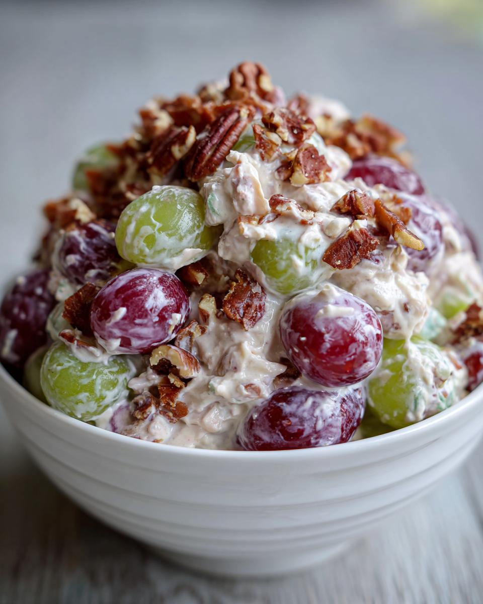 A creamy chicken salad chick grape salad mixed with red and green grapes, topped generously with chopped pecans.