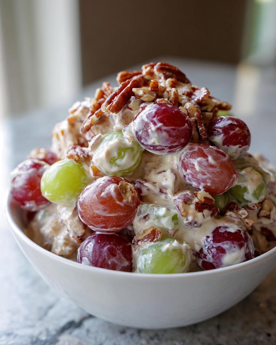 Close-up of creamy chicken salad chick grape salad topped with red and green grapes and chopped pecans.