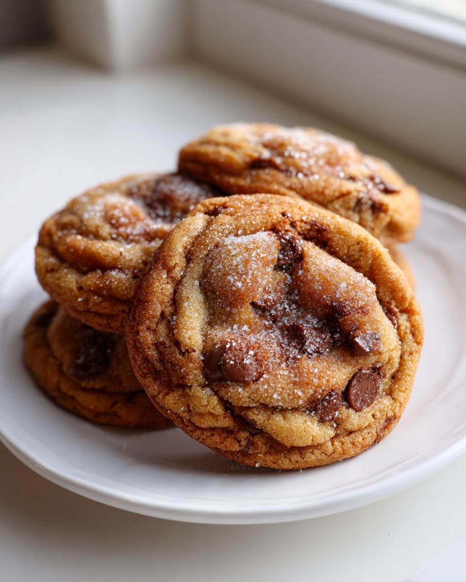 A stack of freshly baked, thick chocolate chip pudding cookies sprinkled with sugar on a white plate.