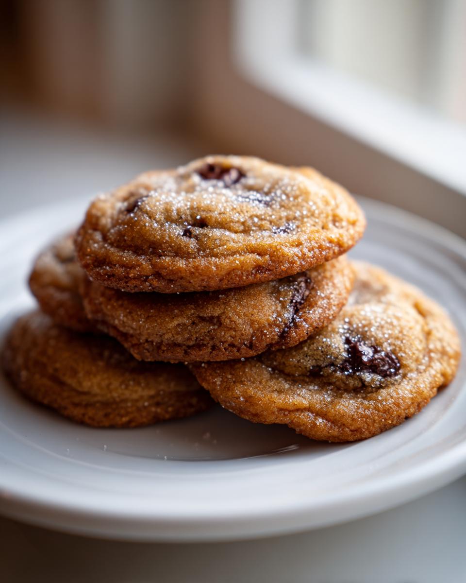 A stack of four golden-brown chocolate chip pudding cookies, sprinkled with sugar, on a white plate.