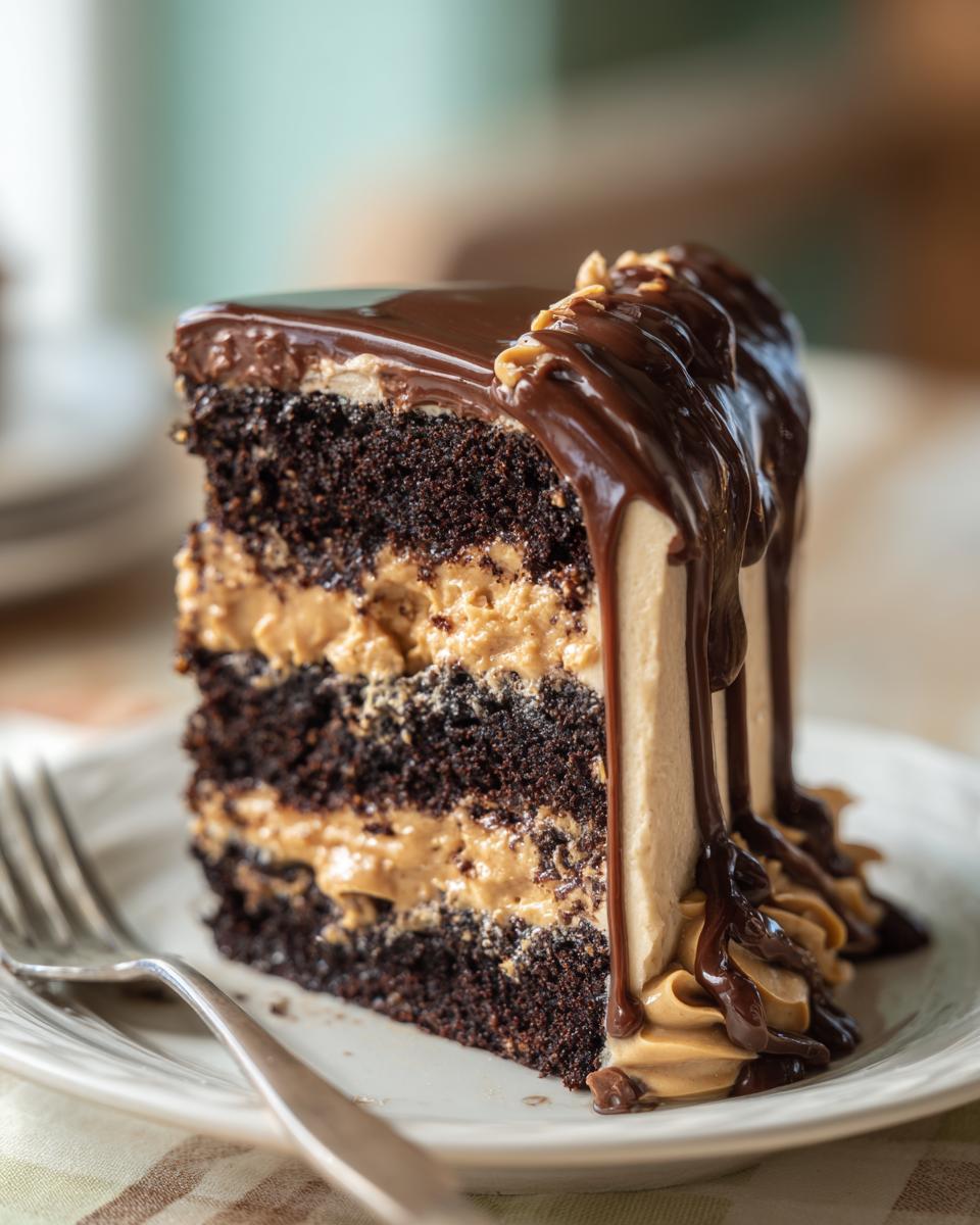 A tall slice of chocolate peanut butter cake with layers of dark cake and peanut butter filling, topped with ganache.