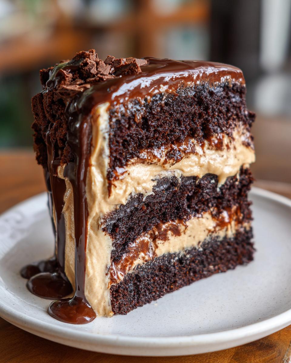 A tall slice of rich chocolate peanut butter cake with layers of dark cake and peanut butter frosting, topped with ganache.
