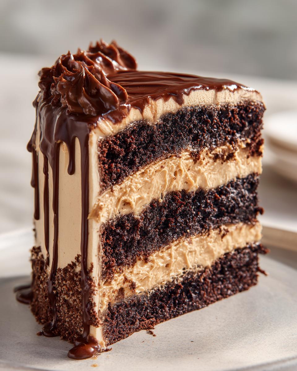 A tall slice of chocolate peanut butter cake with three layers of dark cake and peanut butter frosting, topped with chocolate ganache.