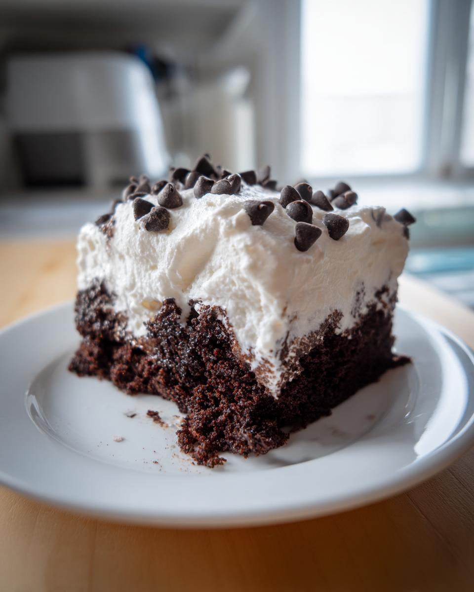 A close-up of a moist slice of chocolate poke cake topped with thick white whipped cream and mini chocolate chips.