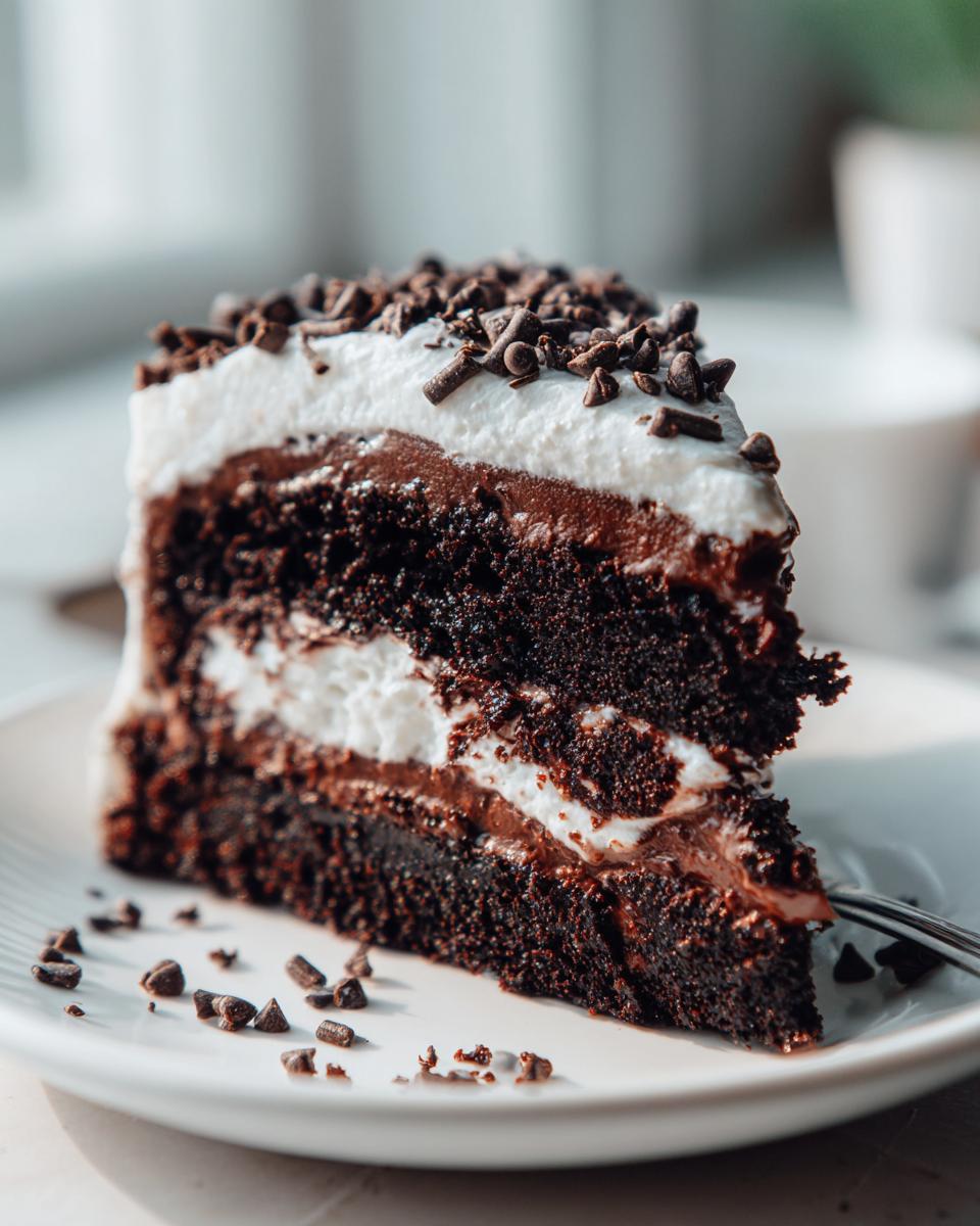 A decadent slice of chocolate poke cake layered with white frosting and topped with chocolate shavings.