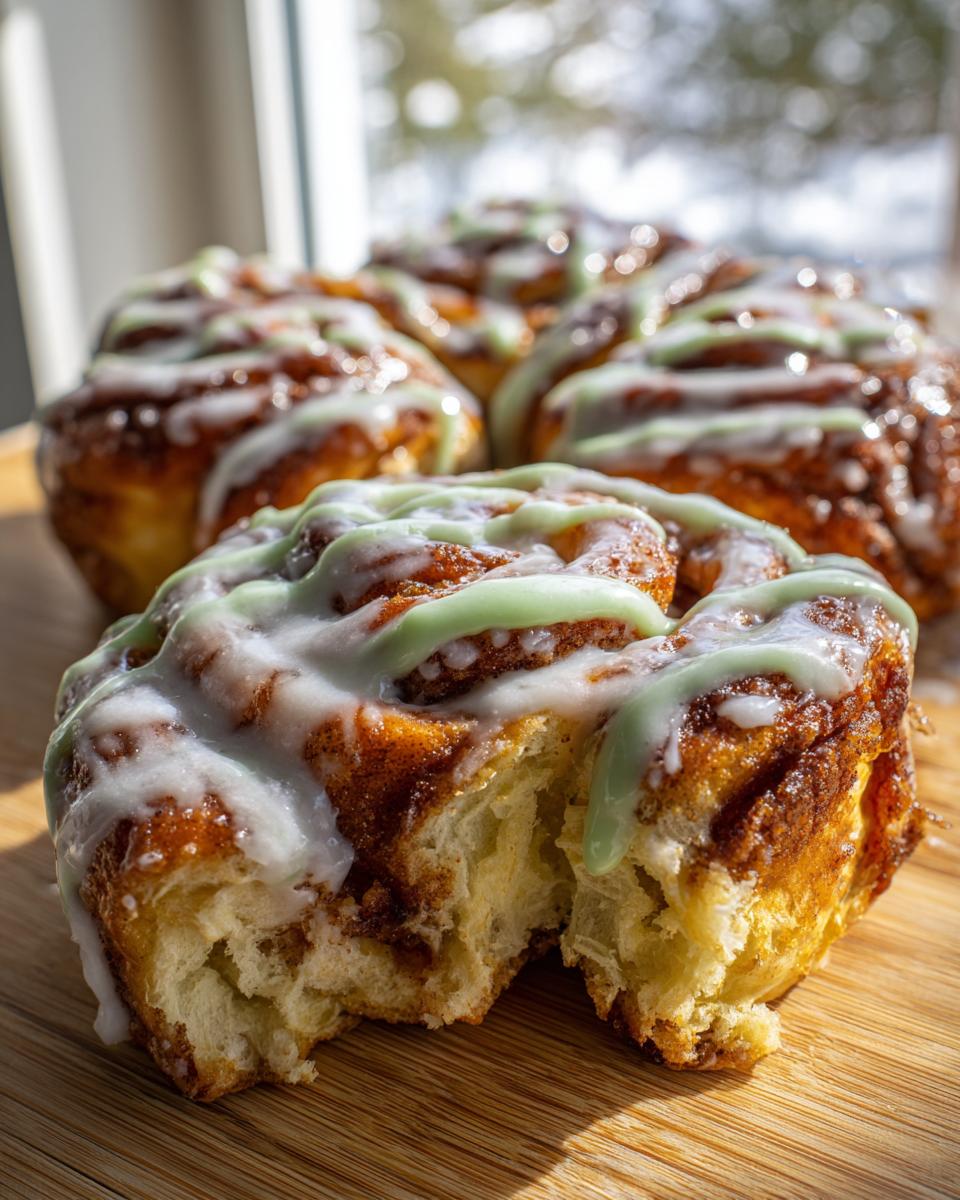 Close-up of soft, gooey christmas tree cinnamon rolls drizzled with white and green icing on a wooden board.