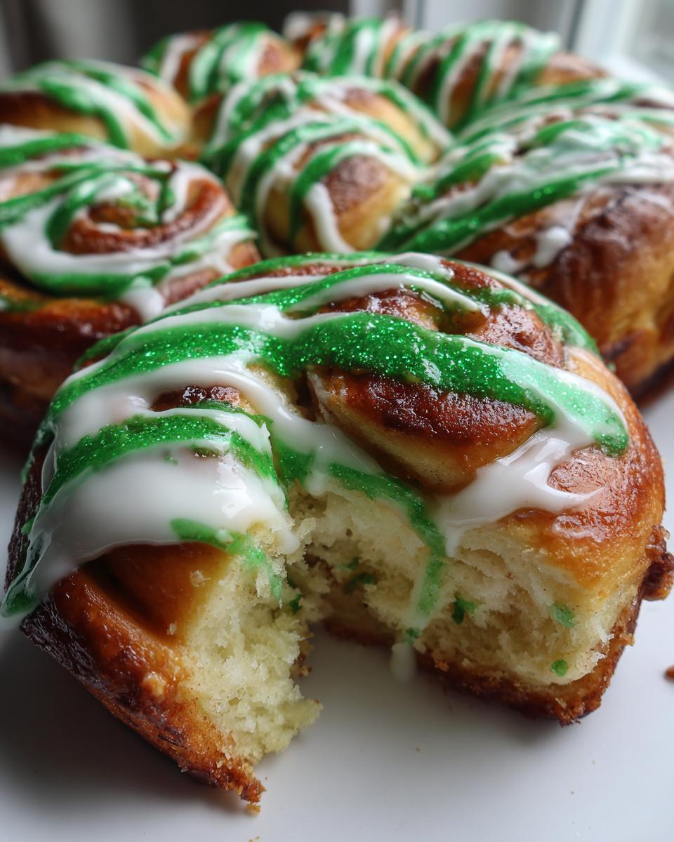 Close-up of a soft, baked christmas tree cinnamon rolls cluster, drizzled with white and sparkling green icing.