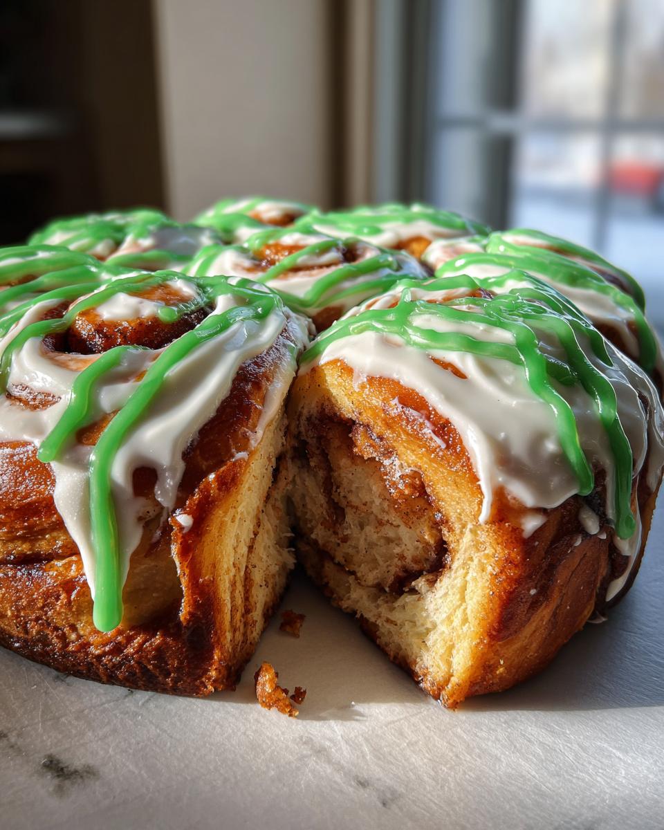 A close-up view of Christmas tree cinnamon rolls, featuring white and green drizzled icing, with one roll pulled apart.