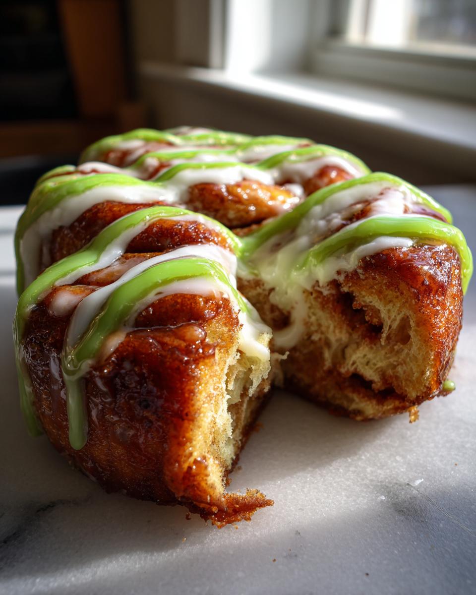 Close-up of freshly baked Christmas tree cinnamon rolls drizzled with white and bright green icing.