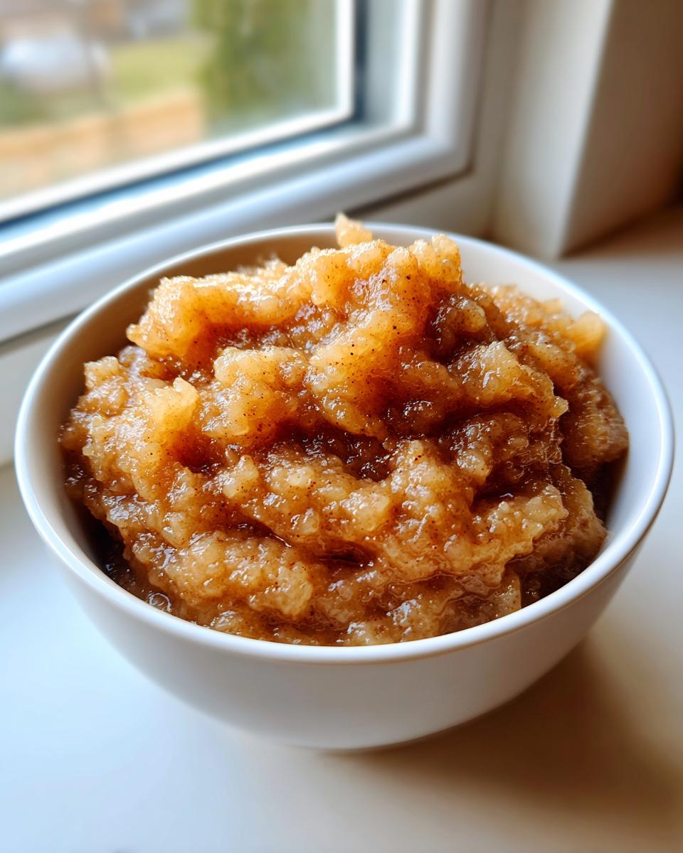 Close-up of chunky, spiced applesauce in a white bowl, set near a window.