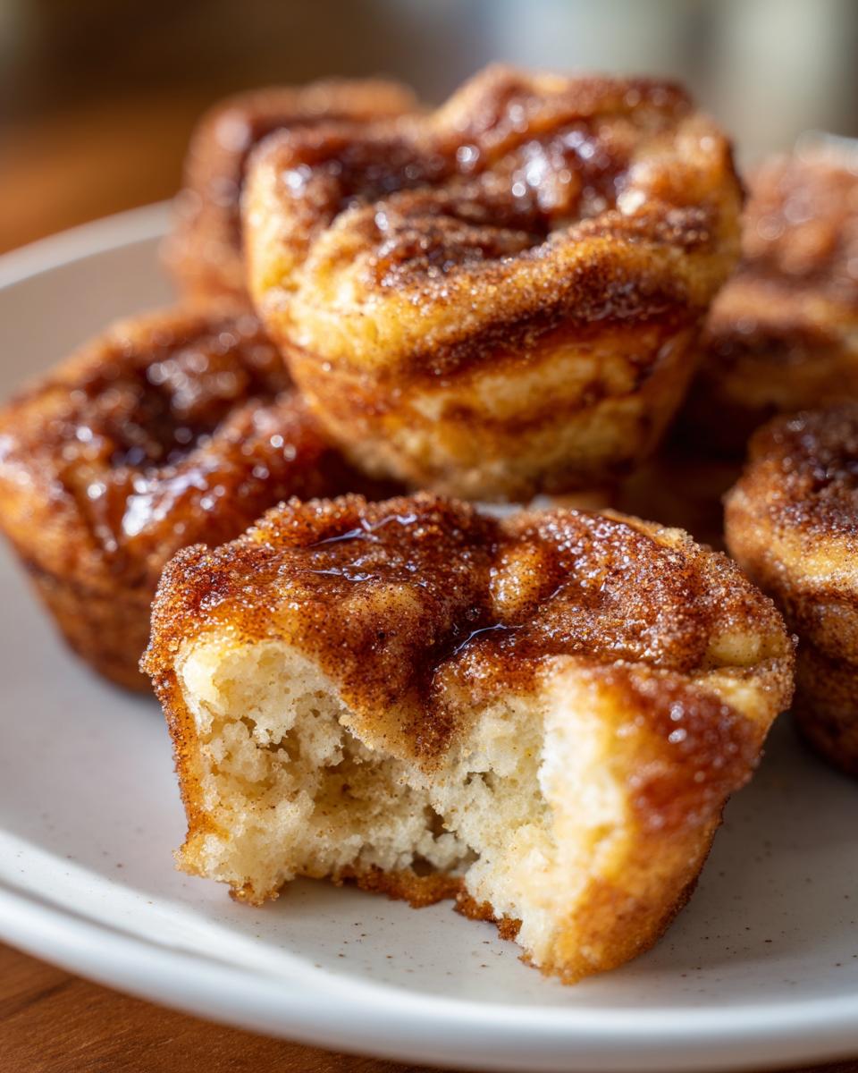 A close-up of several french toast muffins piled on a plate, one has a bite taken out showing a fluffy interior.