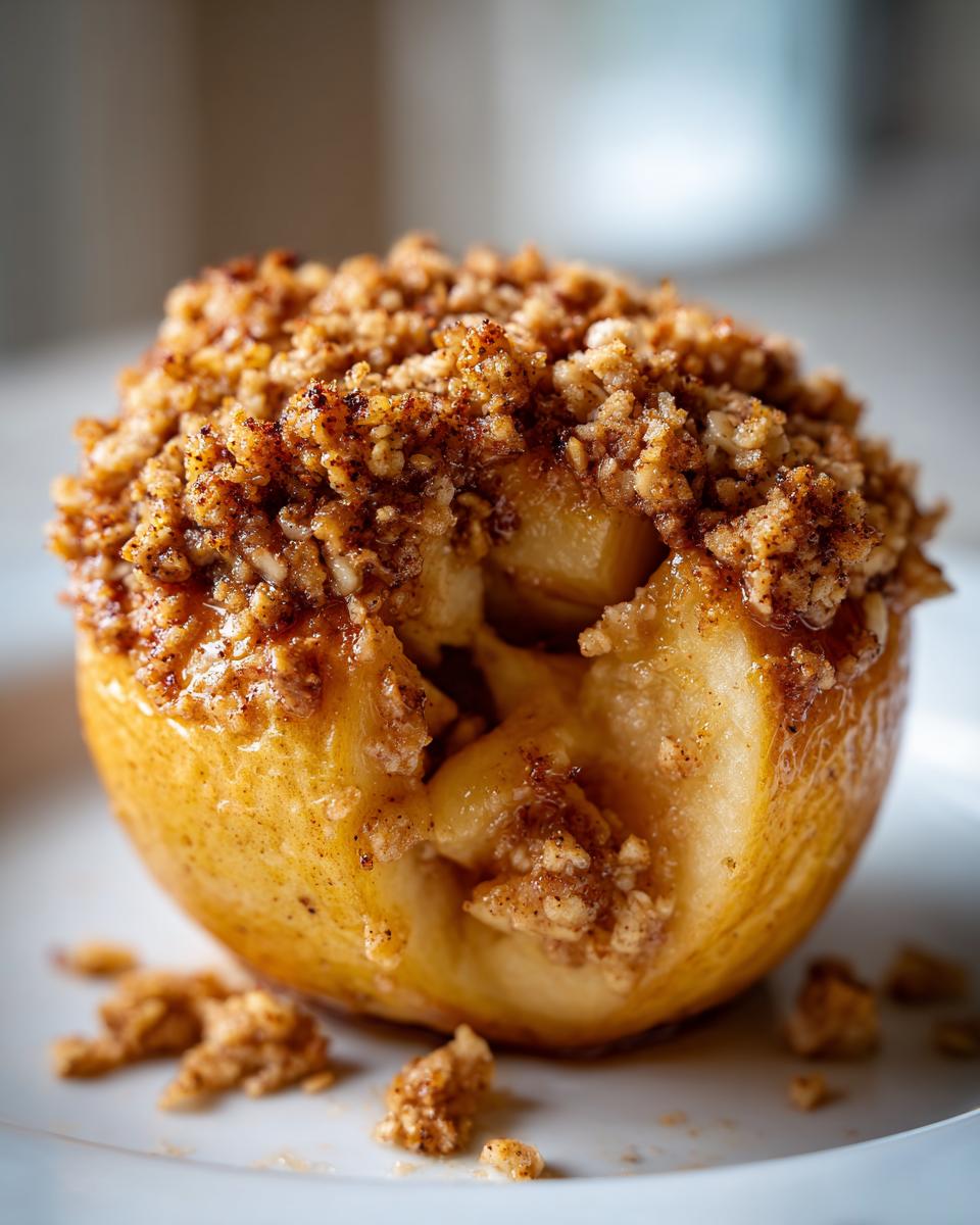 A close-up of a perfectly baked apple filled with sweet, spiced crumble topping, ready to eat.