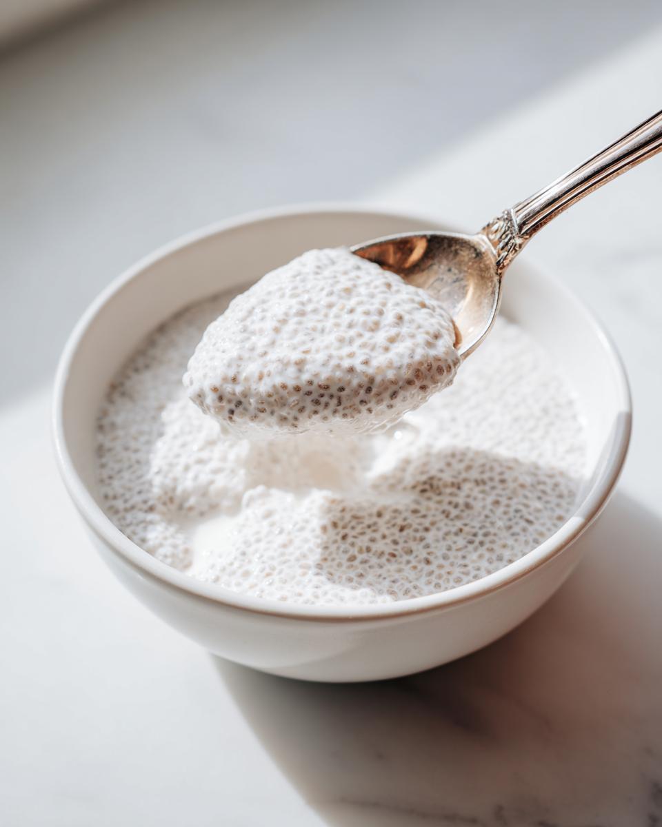 A spoonful of creamy coconut chia pudding being lifted from a white bowl, showing the texture of soaked chia seeds.