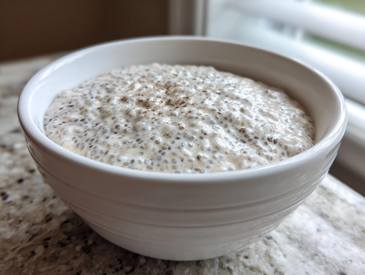 A close-up of creamy coconut chia pudding topped with a sprinkle of spice in a white bowl.