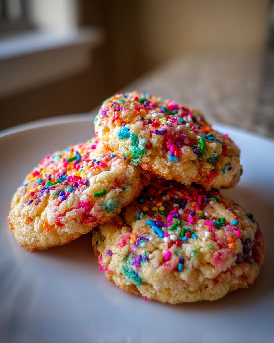 A stack of three soft, colorful cake batter cookies loaded with rainbow sprinkles, resting on a white plate.
