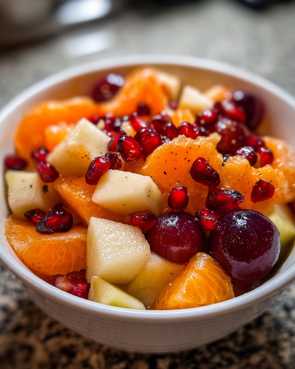 Close-up of a vibrant winter fruit salad featuring orange segments, diced apple, red grapes, and pomegranate seeds.
