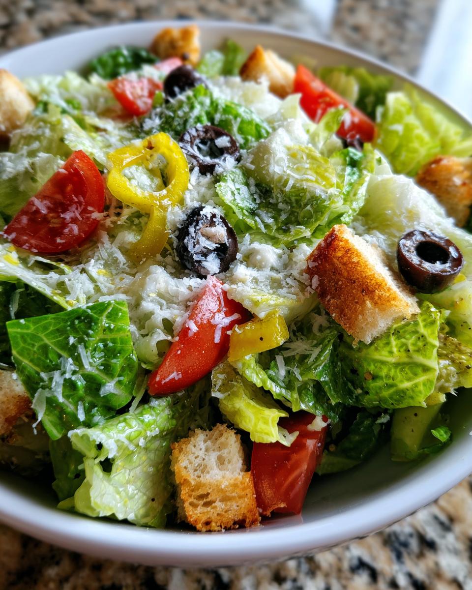 A close-up bowl of copycat Olive Garden salad featuring crisp romaine, tomatoes, olives, pepperoncini, and grated Parmesan cheese.
