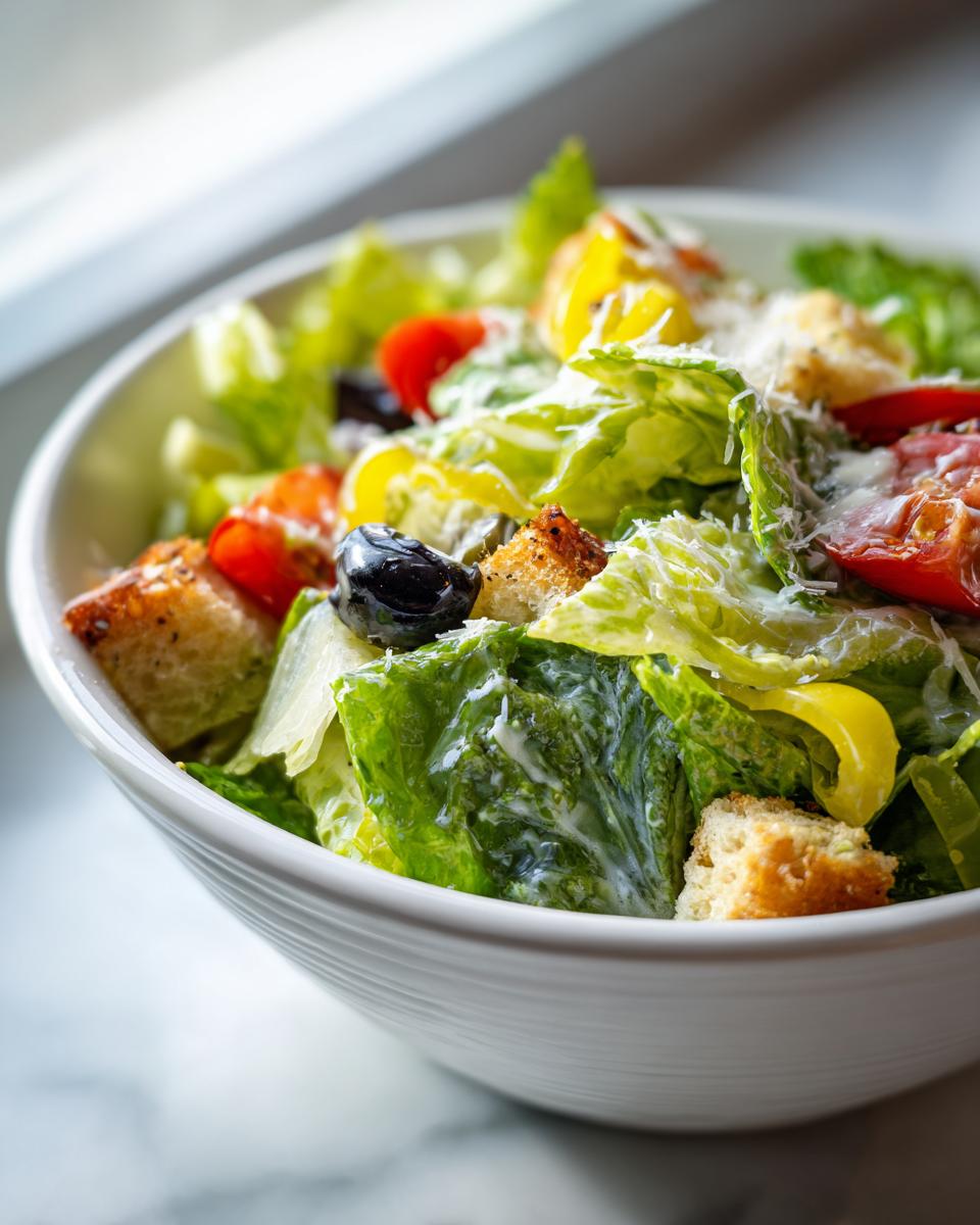 A close-up of a fresh copycat Olive Garden salad featuring romaine lettuce, croutons, olives, and cheese.