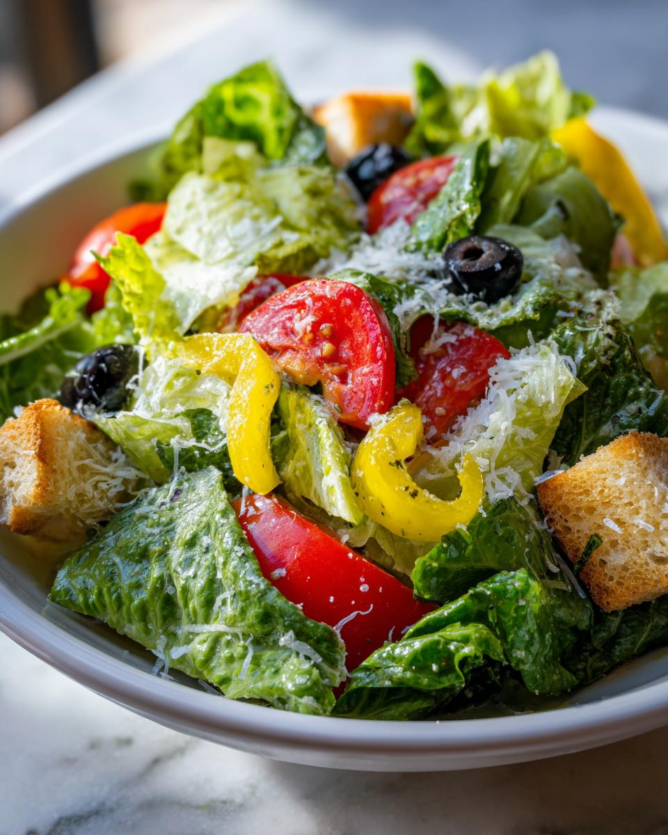 Close-up of a vibrant bowl of copycat Olive Garden salad featuring romaine lettuce, tomatoes, peppers, olives, and Parmesan.