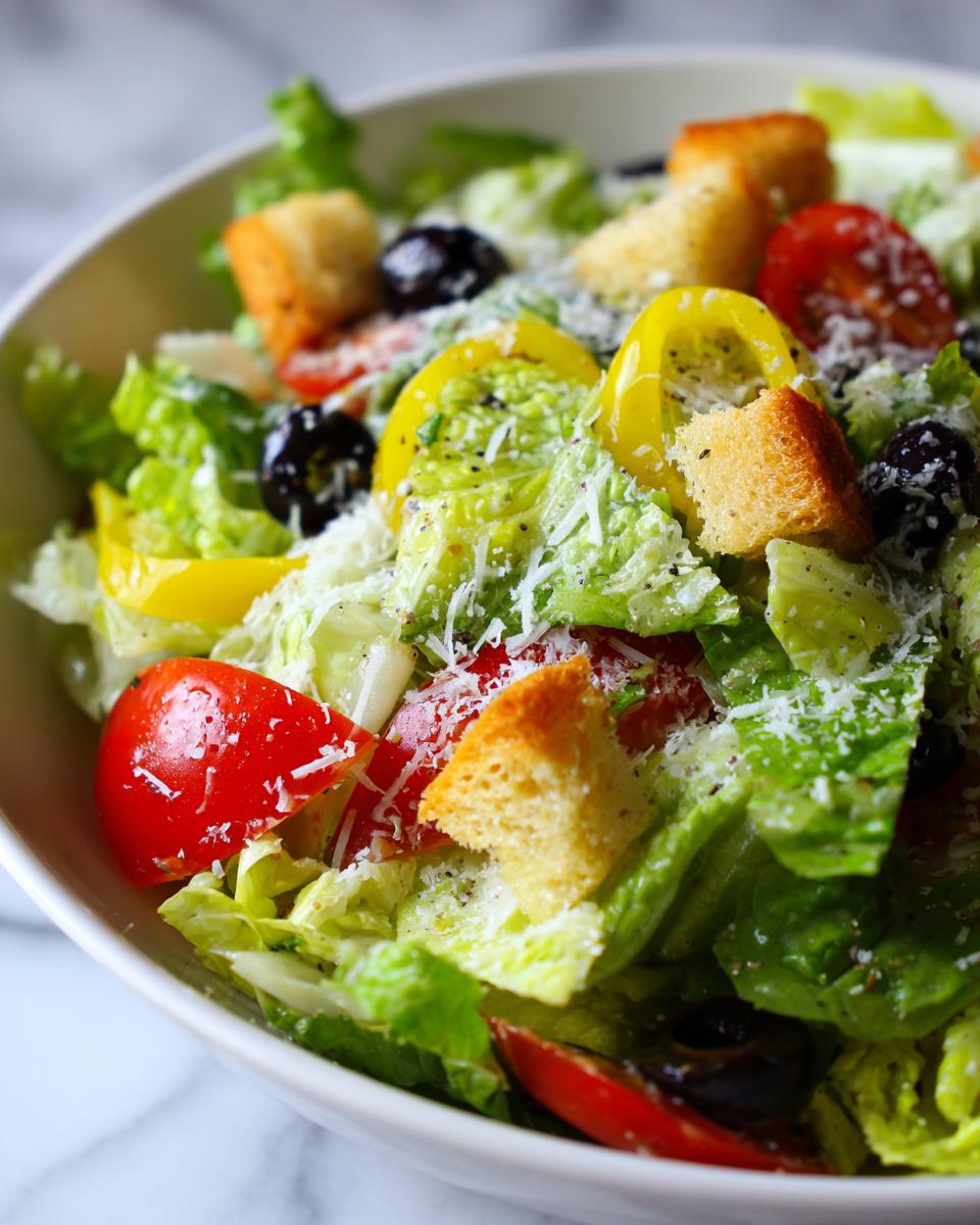 Close-up of a bowl filled with crisp lettuce, tomatoes, pepperoncini, olives, croutons, and grated cheese, resembling a copycat Olive Garden salad.
