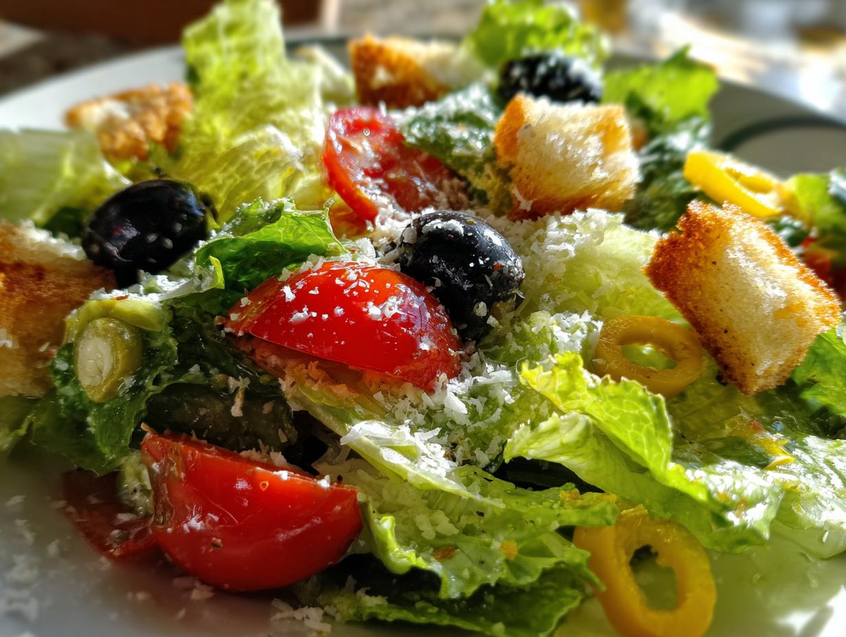 Close-up of a fresh copycat Olive Garden salad featuring romaine lettuce, tomatoes, black olives, pepperoncini, and grated Parmesan.