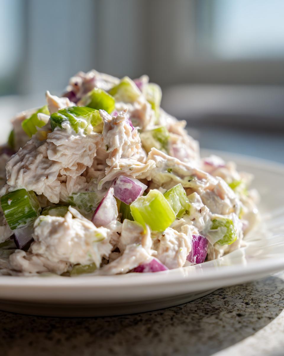 Close-up of creamy cottage cheese chicken salad mixed with diced red onion and celery on a white plate.