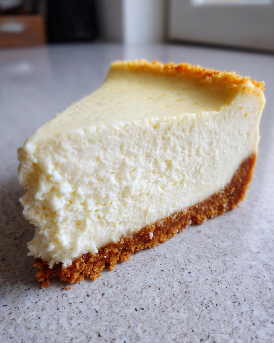 A close-up of a thick, creamy slice of cheesecake showing a smooth top and graham cracker crust from a cheesecake recipe.
