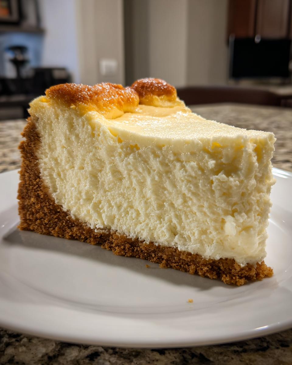 A thick, creamy slice of cheesecake with a graham cracker crust, showing a smooth texture.