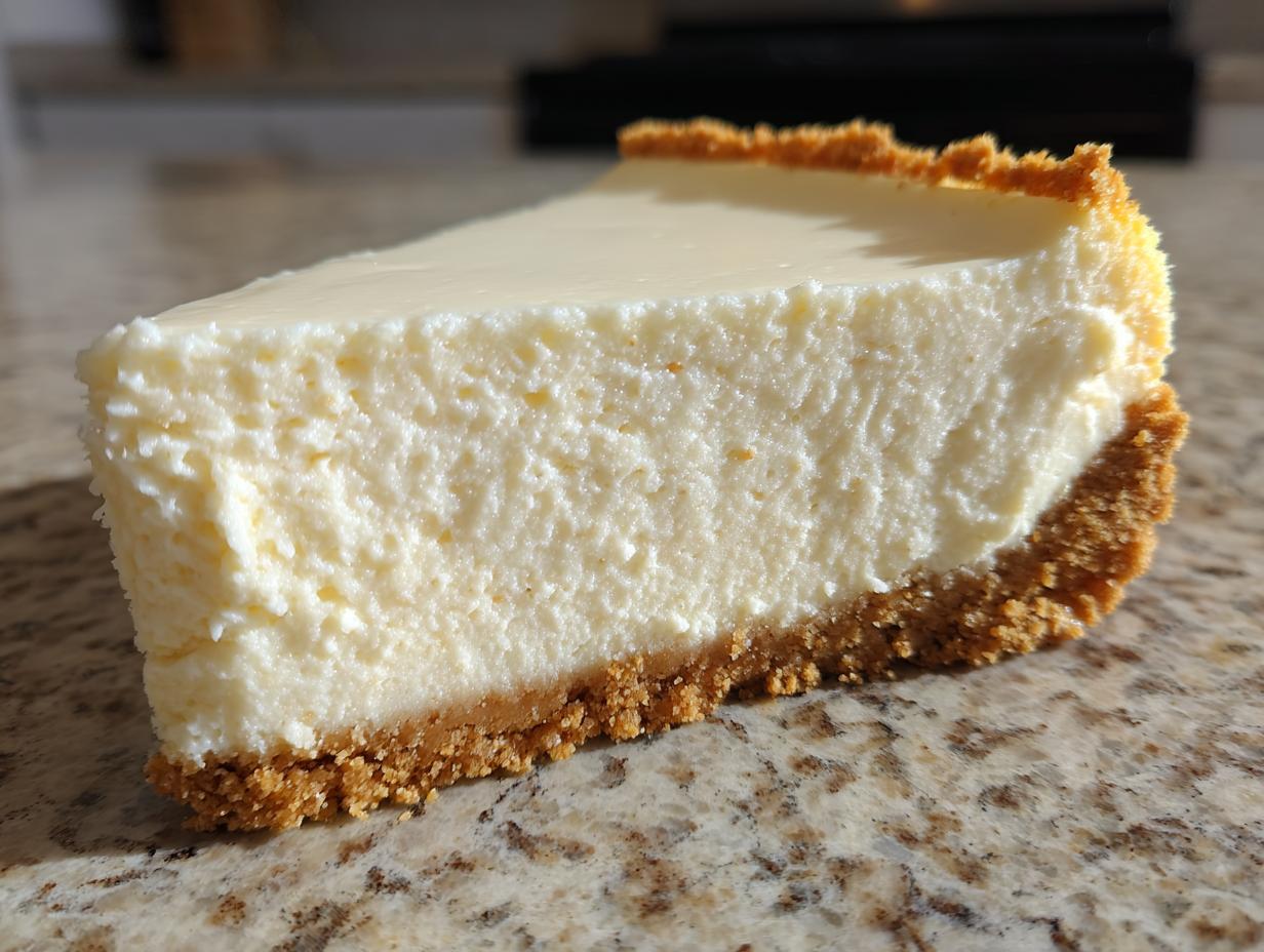A close-up, featured shot of a thick slice of creamy, crack-free cheesecake recipe with a graham cracker crust.