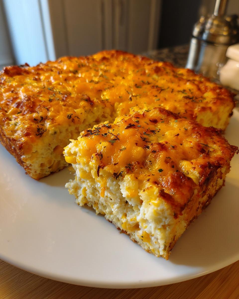 A square slice of baked cream cheese corn casserole topped with melted cheddar and herbs, next to the main dish.