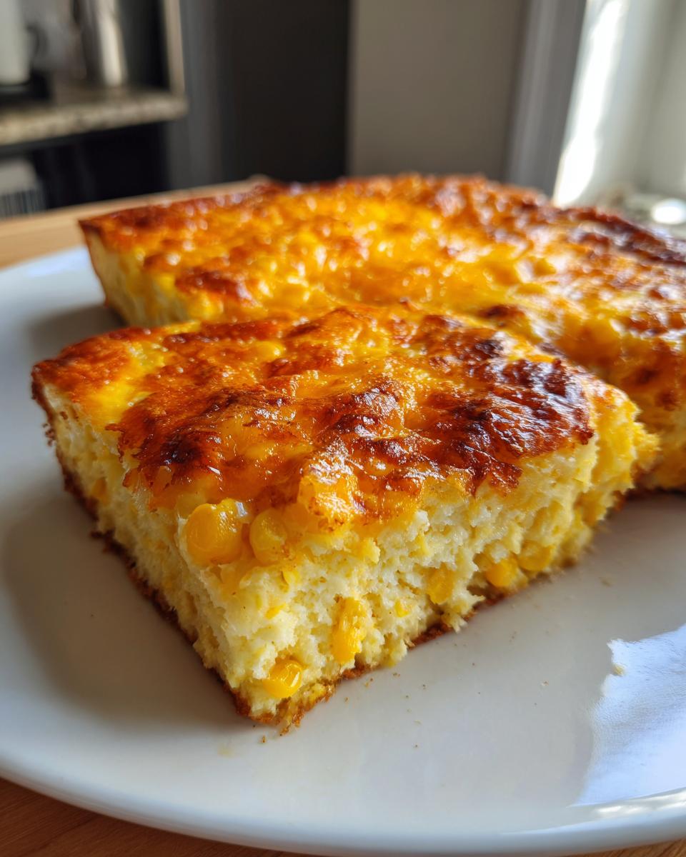 A close-up of a moist slice of cream cheese corn casserole showing whole corn kernels and a golden-brown, cheesy top.