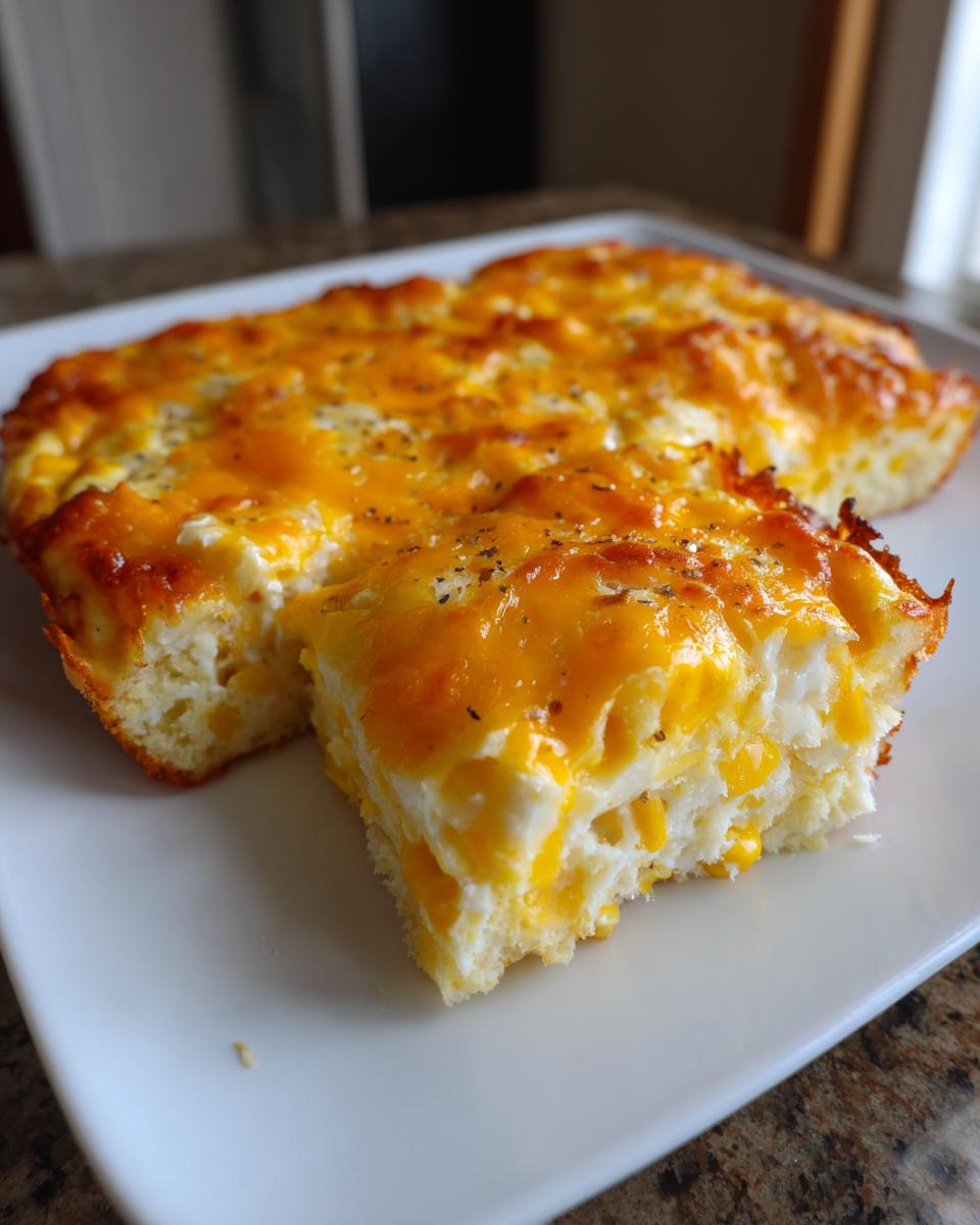 A square slice of baked cream cheese corn casserole topped with melted cheddar cheese and pepper.